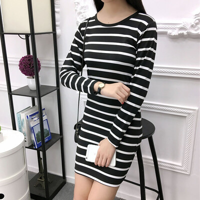

Tailored Women Autumn Fashion Korean Stripe Knee Length Long Sleeve Leisure Dresses
