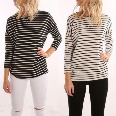 

Casual Women&39s T Shirt Long Sleeve Round Neck Cotton Stripe Ladies Top T Shirt