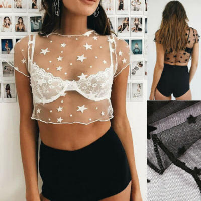 

Women Lace See Through Star Mesh Crop Tank Top Short Sleeve Cropped Sling Tops