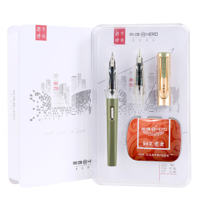 

Hero HERO 368 gentleman army green EFF double-thin thin film urban fashion office student pen calligraphy pen gift 10 ink bags sheet metal gift box set