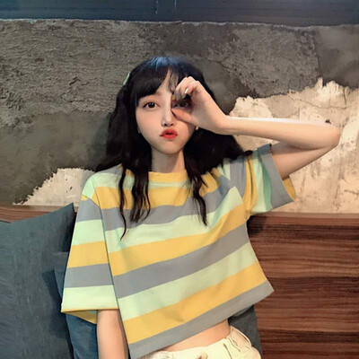 

Summer Womens Elegant Style Design Casual O Neck Striped Short Sleeve Loose Pullover Crop Top T-Shirt