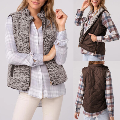 

Roseonmyhand Women Casual Solid Sleeveless Outerwear Plush Zipper Pocket Reversible Vest Coat