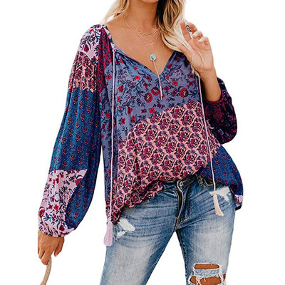 

Tailored Fashion Womens Floral Print V Neck Long Sleeve Shirts Casual Loose Blouses Tops