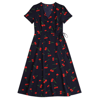 

V Neck Short Sleeve Vintage Pattern A-line Women Midi Wrap Dress