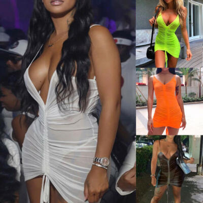

Women Mesh Mini Dress Sheer See Through Beach Swimsuit Cover up Shirt Dress Tops
