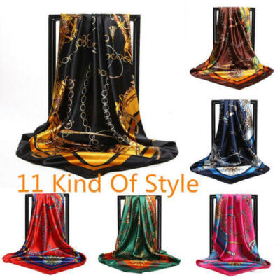 

Womens Black&Gold Print Hijab Scarf Silk-Satin Square Head Shawl Scarfs 90"90"