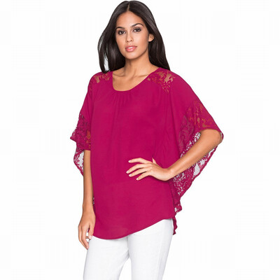 

Solid color round neck bat half sleeve lace stitching loose chiffon shirt casual top