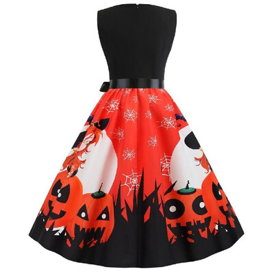 

L8067 Cross-border Halloween womens round neck sleeveless pumpkin face print elastic elastic waist with ribbon big swing skirt re