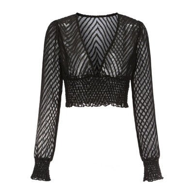 

Elegant Women Lace Blouse Shirt Sexy Deep V Neck Lantern Sleeve Blouse Casual Crop Tops Summer Hollow Out Tops Blouse Blusas