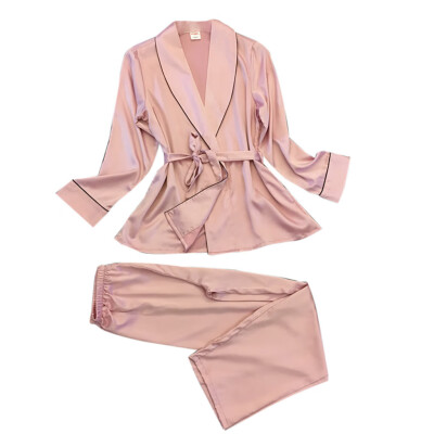 

Toponeto New Women Silk-Like Pajamas Lapel Leisure Silk Household Clothing Sexy Nightgown