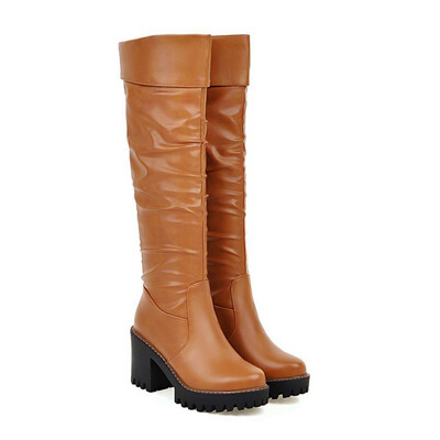 

IDIFU Womens Trendy Plain Round Toe High Block Heel Platform Knee High Biker Boots
