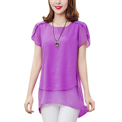 

Women Chiffon Summer T-Shirt Versatile Round Collar Loose Solid Color Short-Sleeved Casual Wild Tops