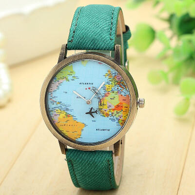 

Top Brand Fashion Plane And World Map Denim Fabric Band Watch Casual Women Wristwatches Quartz Watch Relogio Feminino Gift F