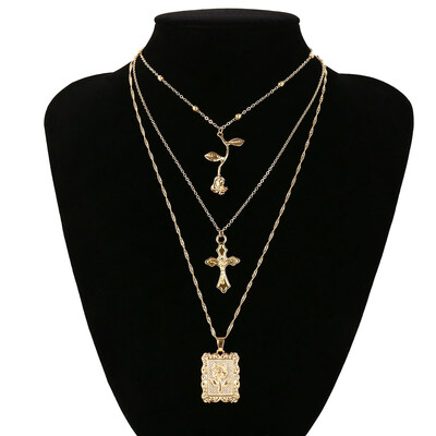 

Gold Silvery Alloy Cross Pendant Necklace for Women Simple Female Long Chain Coin Necklace Rose Flower Collier 2018 Wholesale