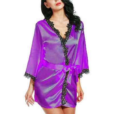 

Sexy Bride Long Women Lace Floral Kimono Robe Satin Silk Night Dressing Gown