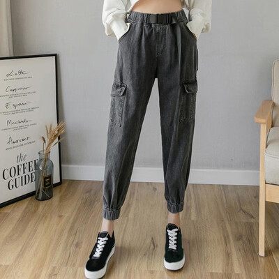 

Fashion Women Autumn Solid Color Jeans Elastic High Waist Belt Pockets Casual Ankle-Tied Pants