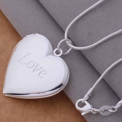 

Women Mens 925 Silver Plated Heart Locket Photo Charm Pendant Chain Necklace
