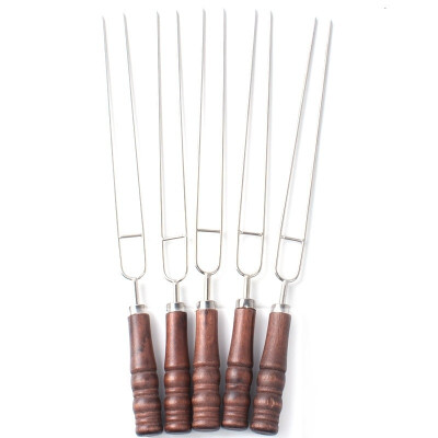 

Outdoor BBQ barbecue fork food grade stainless steel roast wood handle U type roast needle picnic double needle barbecue fork