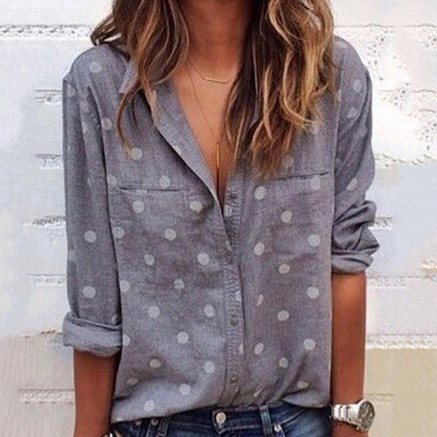 

Women Loose Fit Shirts Tops Casual Long Sleeve Polka Dot Print Blouse Summer