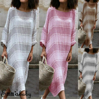 

US Sexy Women Long Sleeve Boho Cotton Casual Linen Kaftan Maxi Dress Long Dress