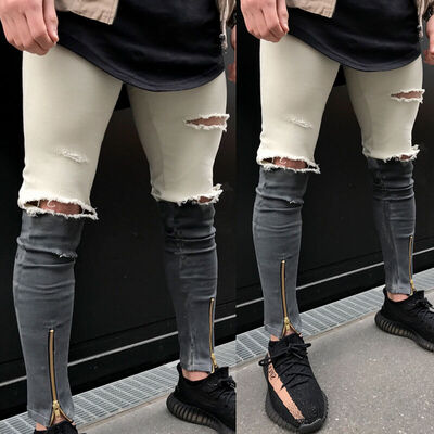

Men Slim Moto Biker Denim Jeans Skinny Frayed Pants Distressed Rip Troursers