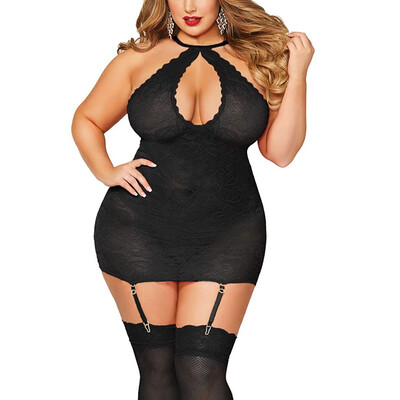 

Toponeto Women Sexy Halter Plus Size Lace Lingerie Keyhole Babydoll Chemise with Garters