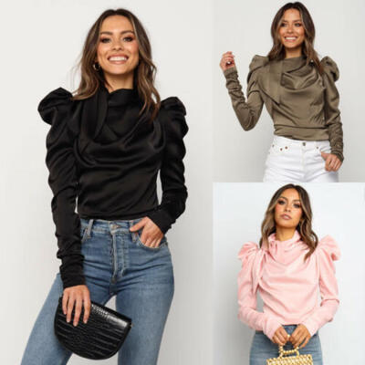 

New Women Satin Blouses Ladies Bow Neck Long Sleeve Elegant Pleated Outwear Tops