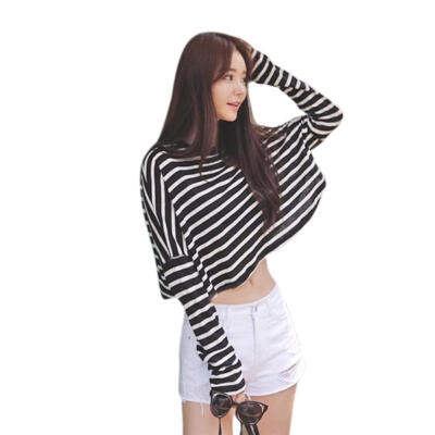 

Stripe Short Tees Round Neck T-shirts Women Long Sleeve Loose Pullover Tops