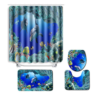 

4pcsset Turtles Printed Pattern Bathroom Decoration Water-resistant Shower Curtain Pedestal Rug Lid Toilet Cover Mat Non-slip Bat