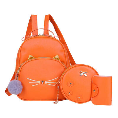 

3pcsset Cat Print Travel Backpacks Women Leather Shoulder Bags Card Holder