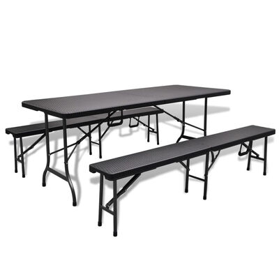 

Outdoor Table with 2 Benches HDPE Black Rattan Look
