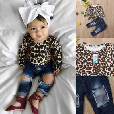 

Fashion 2pcs Kids Baby Girls Outfits Leopard TopsDestroyed Jeans Pants Clothes
