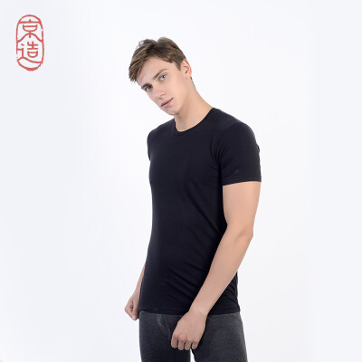 

JZAO mens thermal underwear heating fiber thin section Slim short-sleeved T-shirt black round neck L code