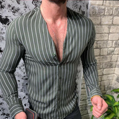 

Mens Long Sleeve Shirt Summer Cool Slim Casual V-Neck Shirts Tops -3XL