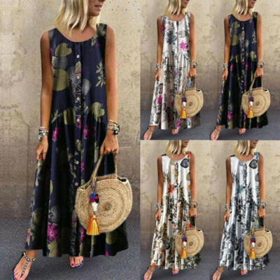 

UK STOCK Women Sleeveless Boho Party Casual Linen Kaftan Maxi Dress Long Dresses