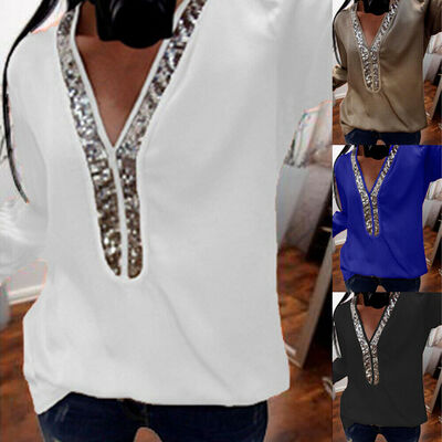 

NEW Ladies Women Sequin Office Top Blouse V Neck Casual Loose T-Shirt Plus Size