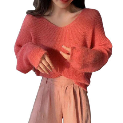 

Autumn Women Knitted Sweater Solid Color Mohair Pullover V Neck Sweet Loose Long-sleeve Knitwear Sweaters jumper pull femme Tops