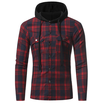 

Men\s Fashion Hooded Casual Plaid Long-Sleeved Shirt 5222