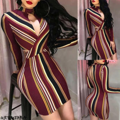 

Women Long Sleeves Multicolor Stripes Bodycon Club Party Cocktail Casual Dress