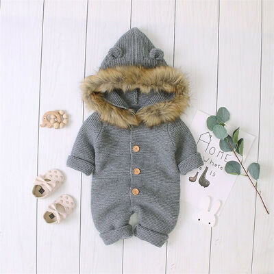 

Winter Warm Newborn Baby Boy Girl Knit Hooded Romper Jumpsuit Outfits Clothes