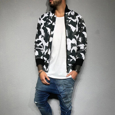 

Mens Casual Long Sleeves Printed Bomber Jacket Plus Size Zipper Pocket Coats