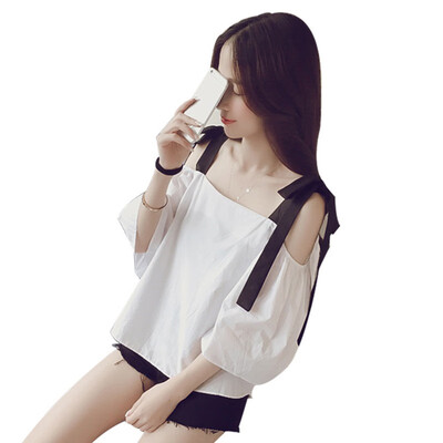 

Loose Casual White Preppy Style Womens T Shirt All-match Off Shoulder Sling Top