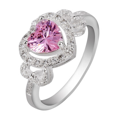 

925 Silver Plated Triple Heart Cut Created Claddagh Pink Topaz CZ Women Ring