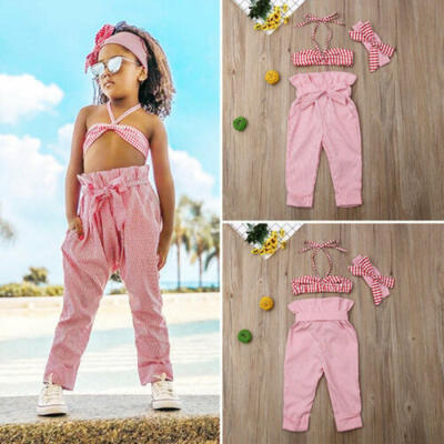 

US Solid Kids Newborn Baby Girl Striped Sling Sleeveless Tops Pants Clothes 3PCS