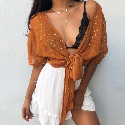 

PREISEI New Summer Women Sexy Casual Orange Polka Dot Chiffon Shirt Bandage Short Sleeve V-Neck Blouse Ladies Tops PR180505