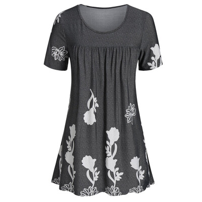 

Roseonmyhand Plus Size Fashion Women Floral Printed O-Neck Ruched Short Sleeve Tops Blouse