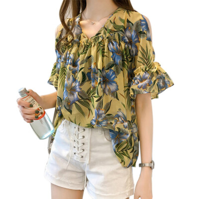 

Women Summer Chiffon Blouse Sexy Cold Shoulder Shirts Casual Butterfly Sleeve Floral Printed Tops Ladies Elegant camisas mujer