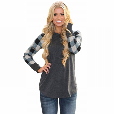 

Round neck long sleeve plaid color pattern base casual shirt womens