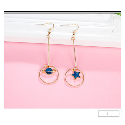 

Women Blue Metal Asymmetric Geometry Starry Moon Planet Stud Earrings Long Asymmetric Wild Sweet Jewelry Eardrop One size