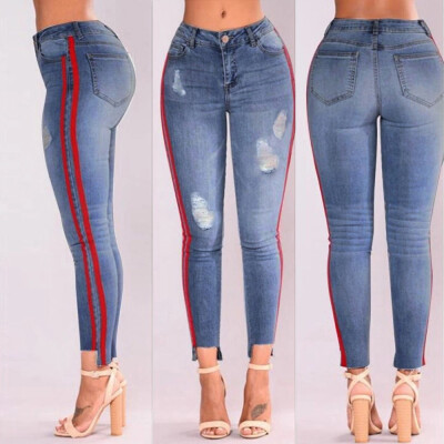 

〖Follure〗Women Denim High-Waist Ripped Stretchy Hole Pencil Pants Jeans Trousers